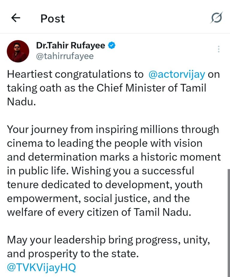 Dr. Tahir Rufayee Congratulates Vijay on Taking Oath as Tamil Nadu Chief Minister
